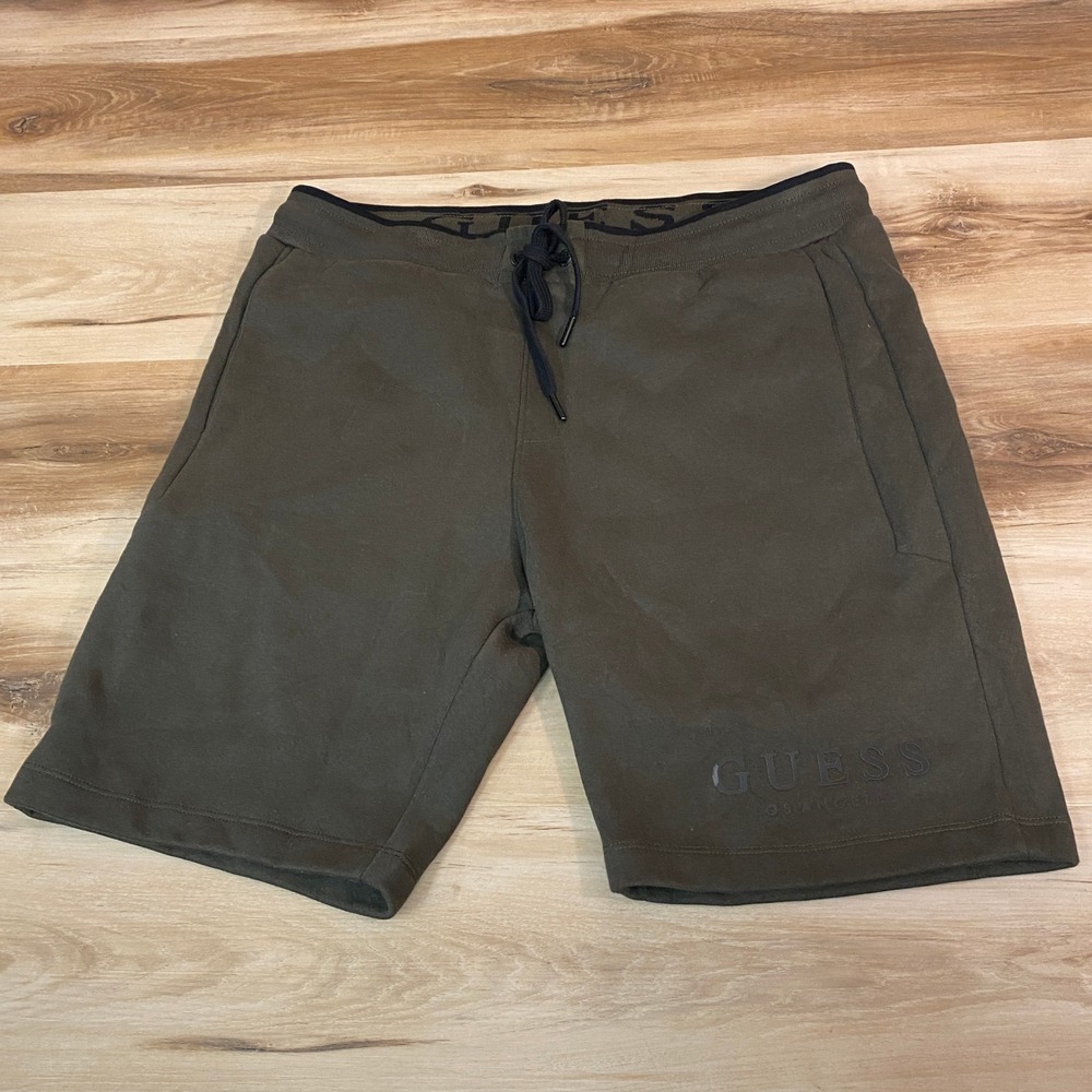 GUESS Los Angeles Mens Knit‎ Shorts L Olive Green Lounge Drawstring Casual